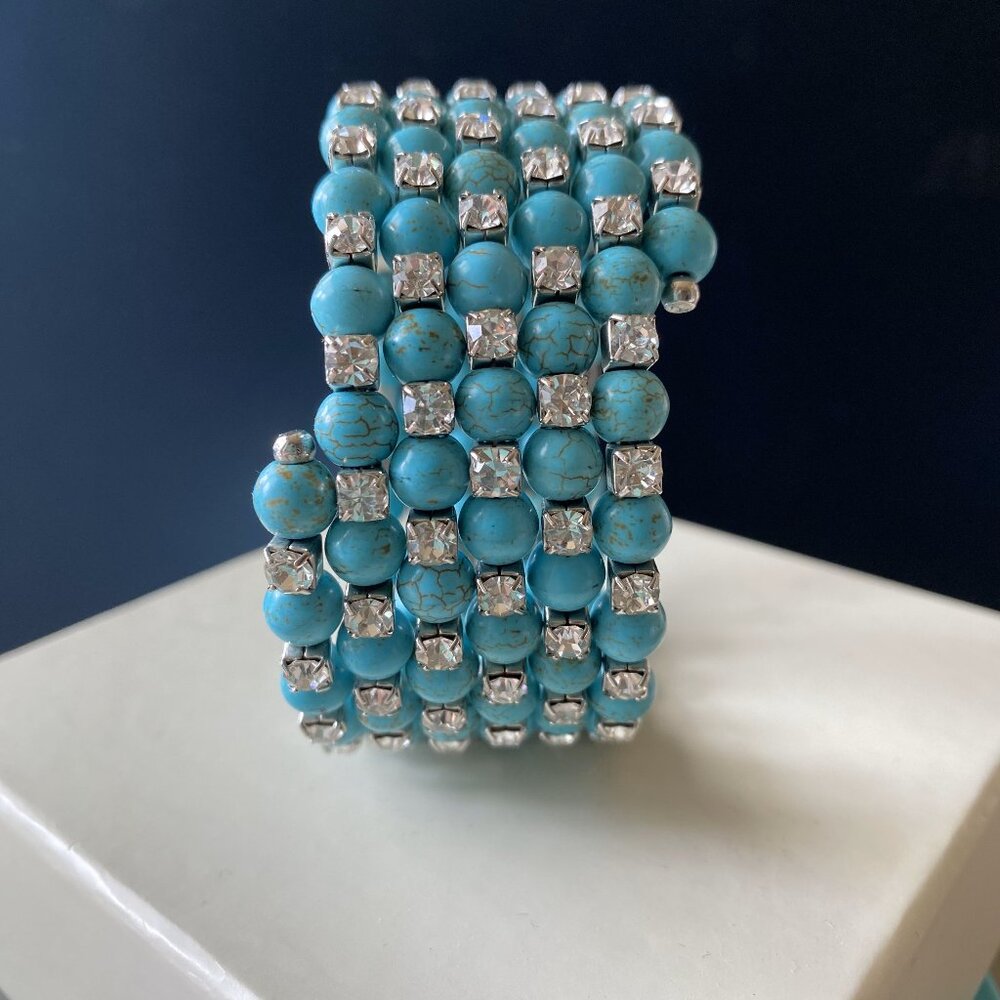 Vintage silver turquoise and rhinestone stretch/wrap bracelet